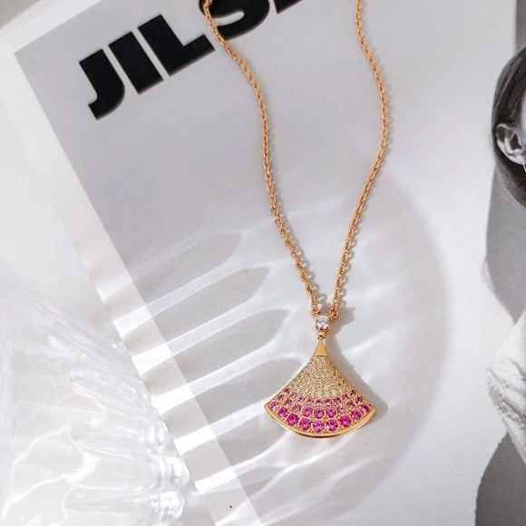 Bvlgari Rose Gold Fan Pendant with Pink Gem Accents